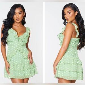 Sage Green Polka Dot Print Chiffon Frill Detail Strappy Bodycon Dress